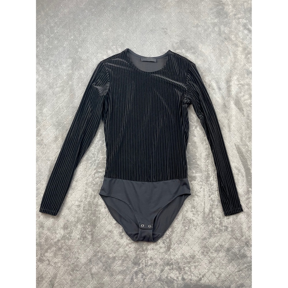 Womens Black Pleated‎ Velvet Long Sleeve Bodysuit Size S Reserved Re.Design.01